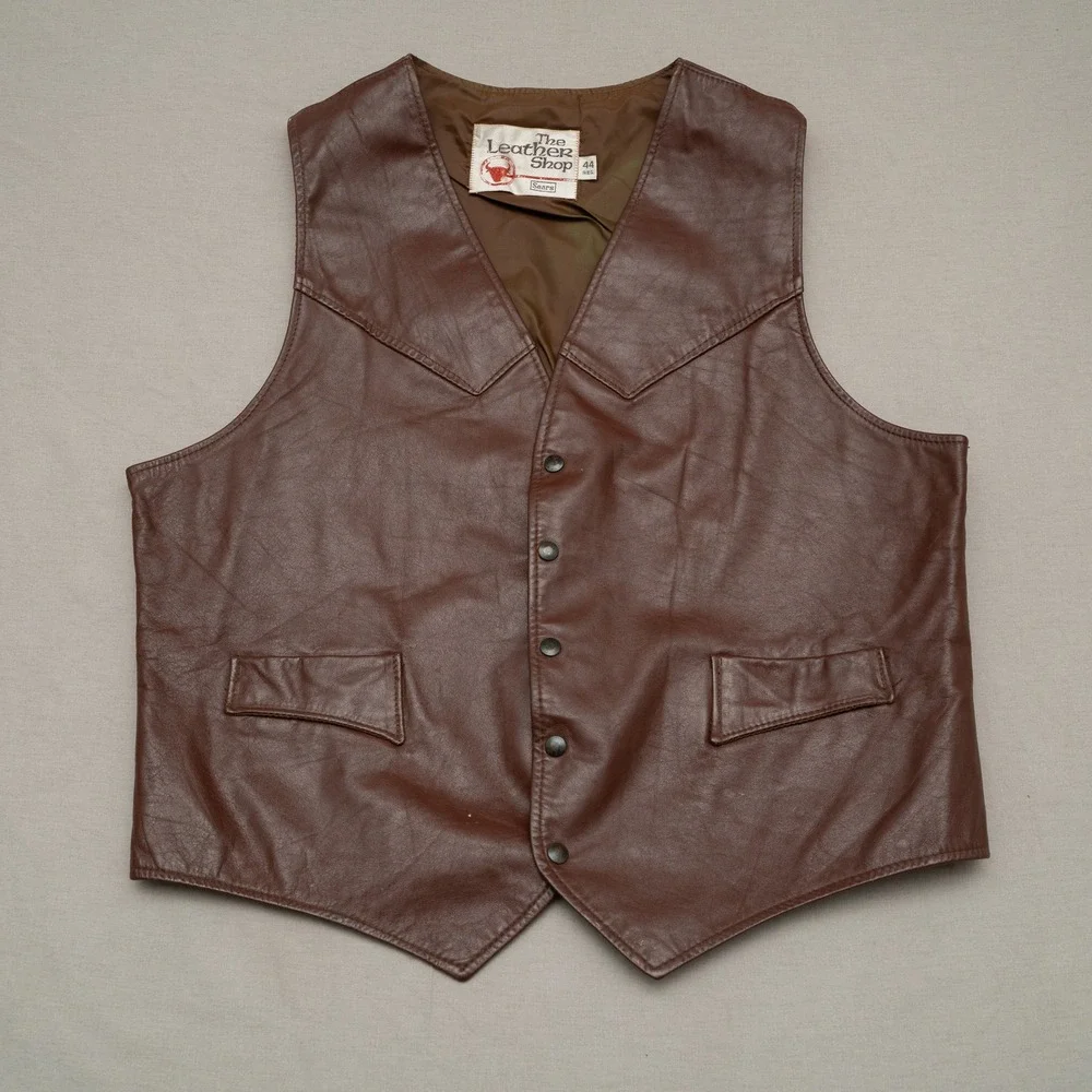 Vintage 70s 80s Sears Leather Shop Dark Brown Leather Vest 44 Reg Cowboy Western